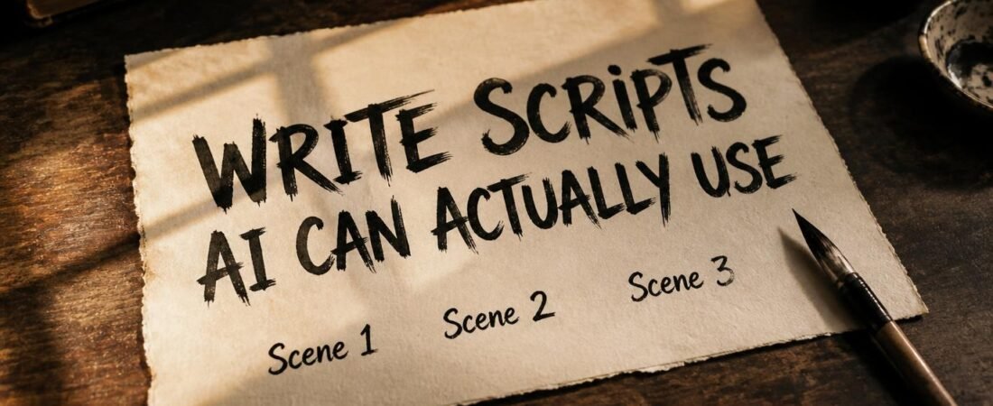 Vintage paper with bold typewriter headline "WRITE SCRIPTS AI CAN ACTUALLY USE" and hand-drawn bullet points: Short sentences, Scene breaks, Visual cues. Aged cream paper with ink splatter effect, vintage editorial style, representing scriptwriting best practices for AI video generation tools like Pictory.
