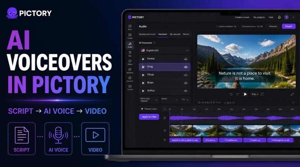 AI voiceover feature in Pictory video editor