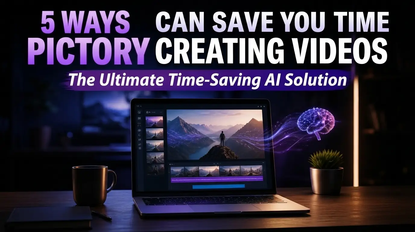 5 Ways Pictory Can Save You Time Creating Videos – infographic showing five AI video creation workflow tips with Pictory AI interface. Pink and blue technology graphic with bold typography.