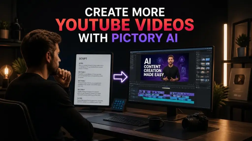 Blog article featured image showing YouTube creator workflow with AI video tools. Modern laptop displaying video editing timeline and YouTube dashboard. Text overlay: CREATE MORE YOUTUBE VIDEOS.