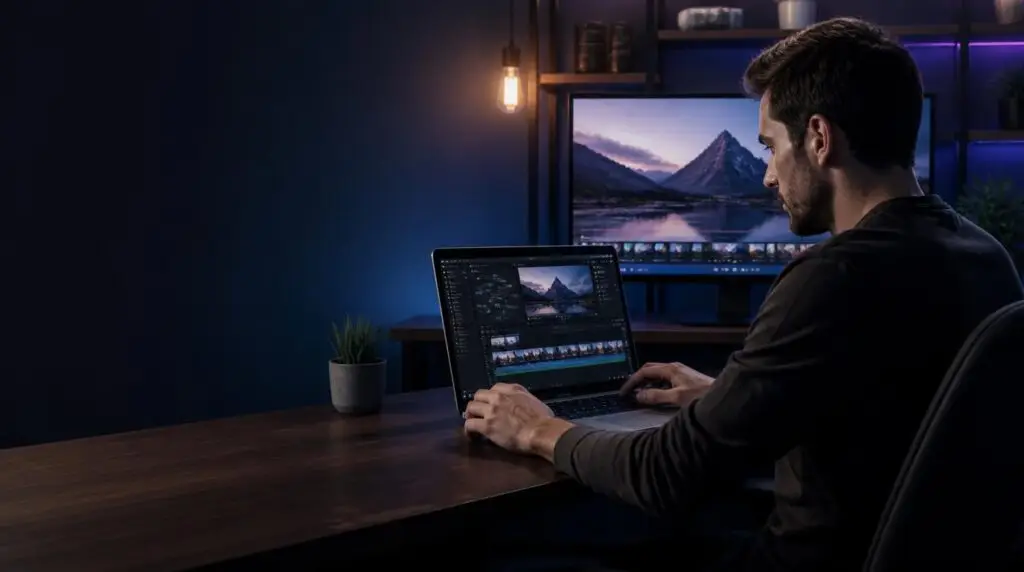 Blog article featured image showing YouTube video creation workflow with InVideo AI. Modern laptop displaying AI video editing interface with timeline and YouTube dashboard. Clean creator workspace with professional lighting. Text overlay reads: How to Create YouTube Videos Faster.